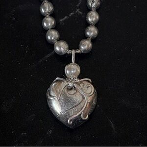 Elegant Silver, Glass and Black Pearl Heart Pendant Necklace